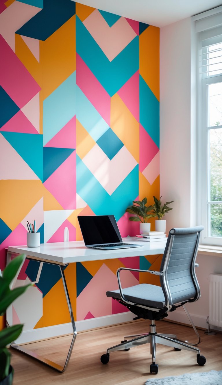 A modern home office with a desk, laptop, chair, and a colorful geometric patterned wallpaper on the wall.