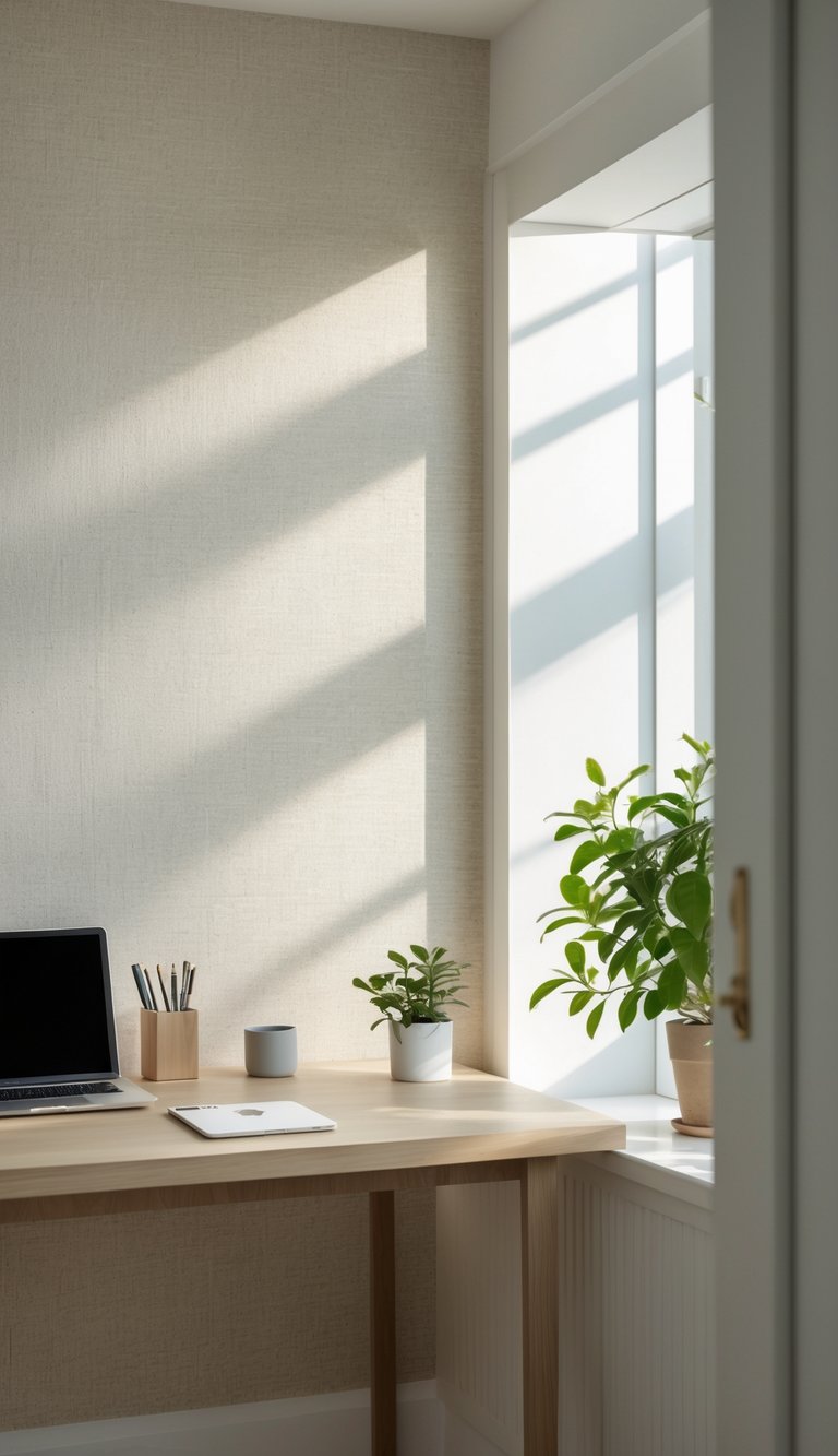 A clean home office with a wooden desk, laptop, potted plant, and soft natural light highlighting textured wallpaper on the wall.
