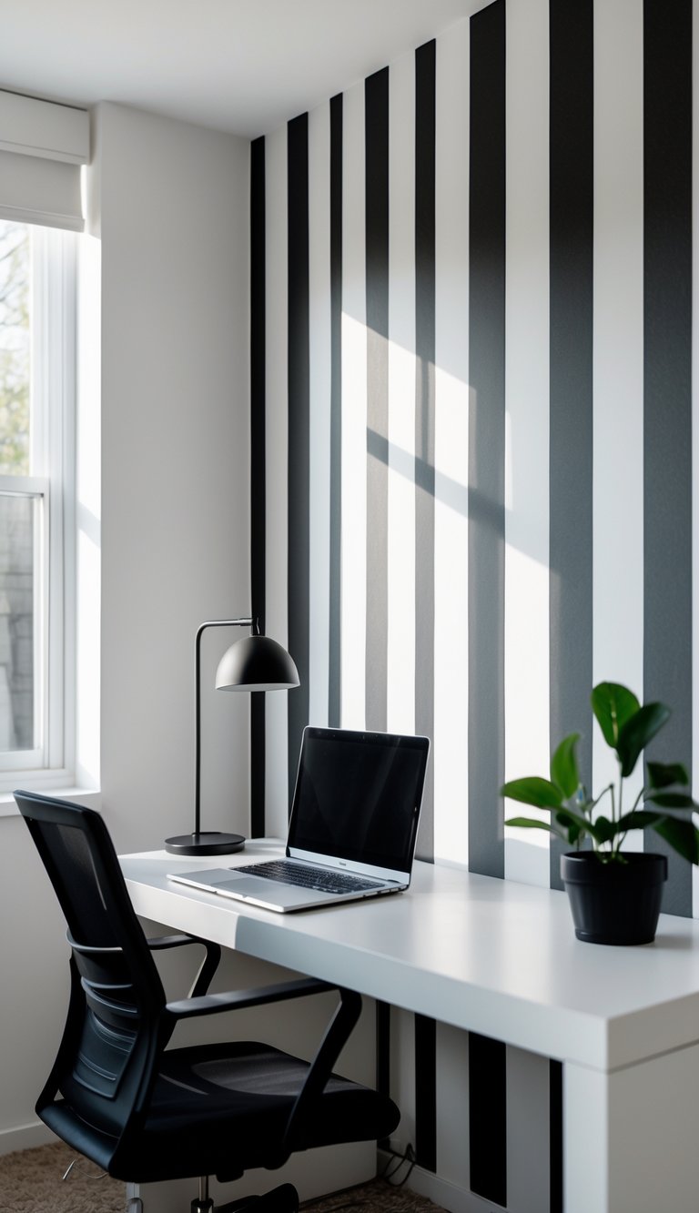 A clean home office with a white desk, black chair, laptop, desk lamp, and a small plant in front of a striped wallpaper wall.
