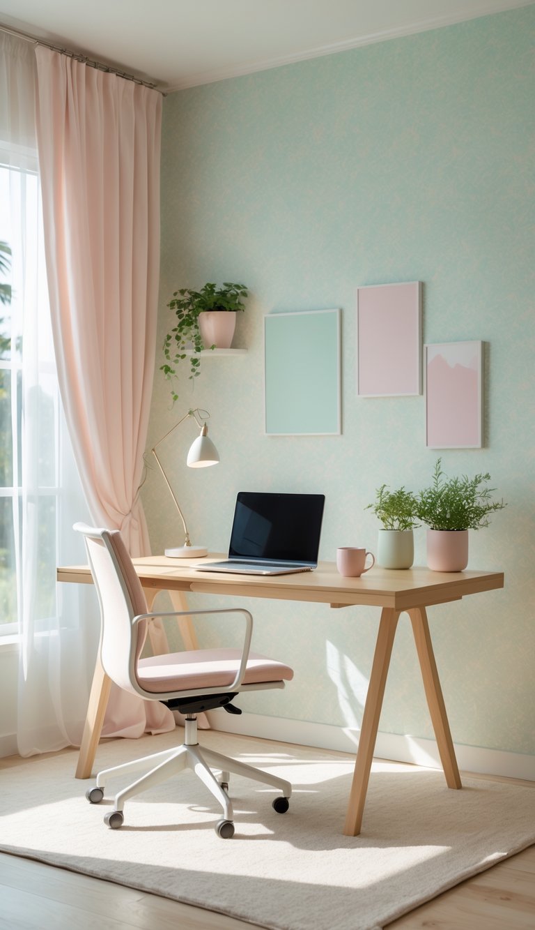A bright home office with a wooden desk, laptop, plants, and pastel-colored wallpaper on the wall, illuminated by natural light from a window.