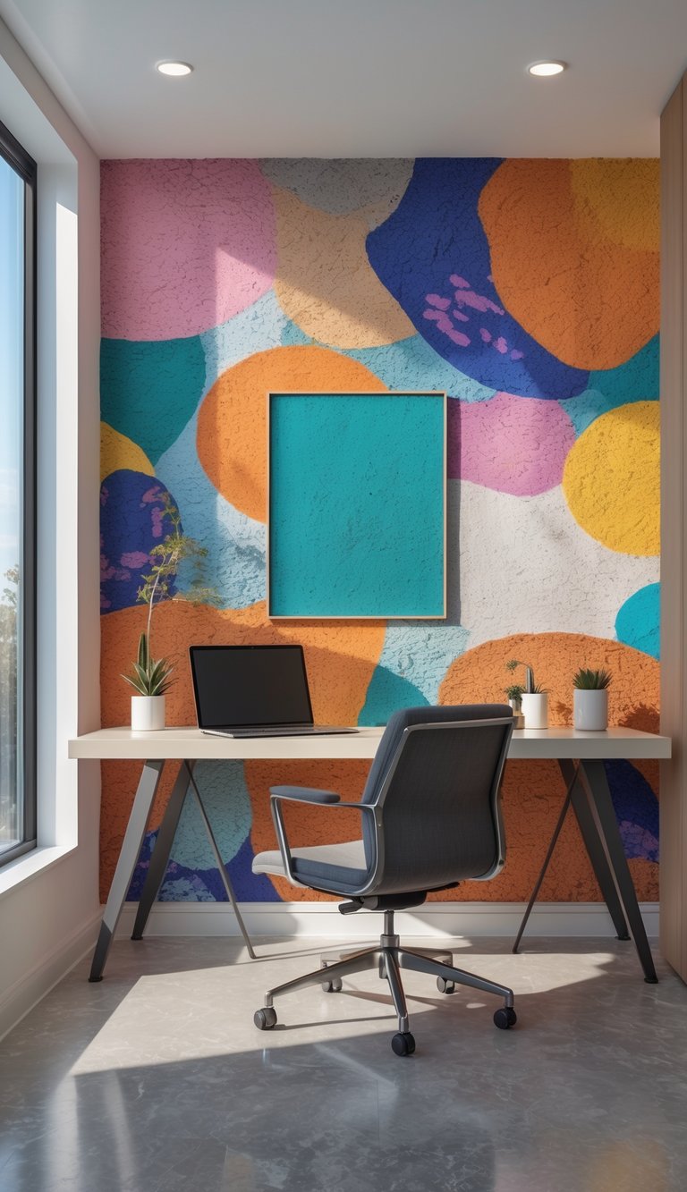 A modern home office with a desk, chair, laptop, and colorful abstract art prints on the wall.