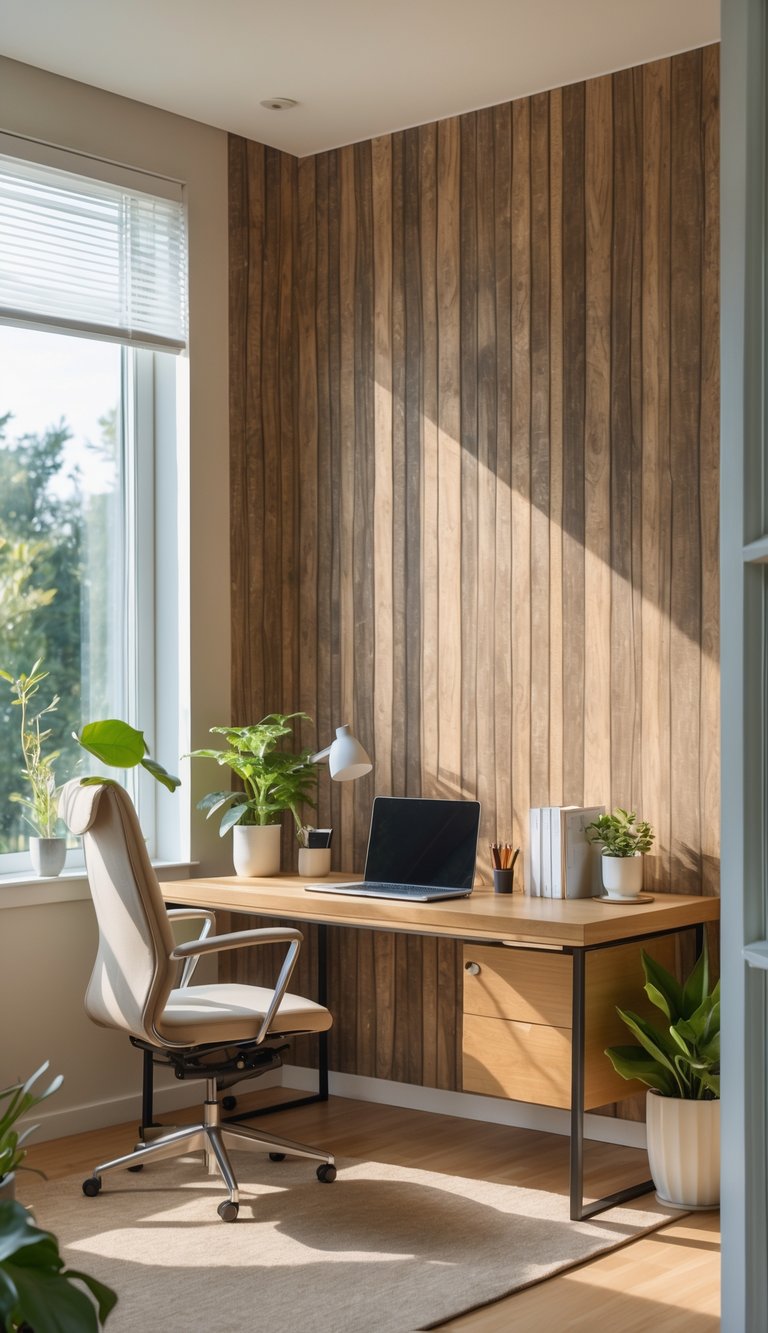 A home office with woodgrain wallpaper, a wooden desk with a laptop, an ergonomic chair, a potted plant, and natural light coming through a window.