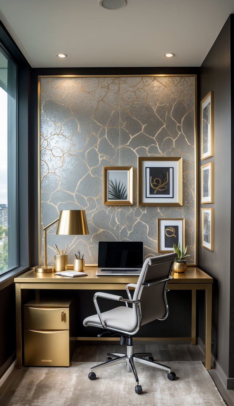 A home office with a wooden desk, metallic decorative items, patterned wallpaper, and natural light coming through a window.