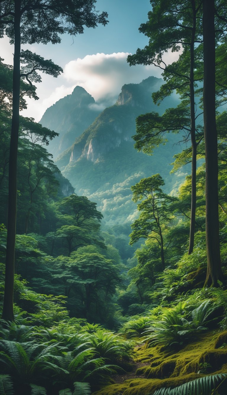 A peaceful forest with tall green trees and misty mountains in the background.