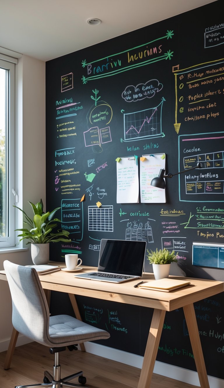 A modern home office with a desk and a large chalkboard wall covered in colorful notes and drawings.