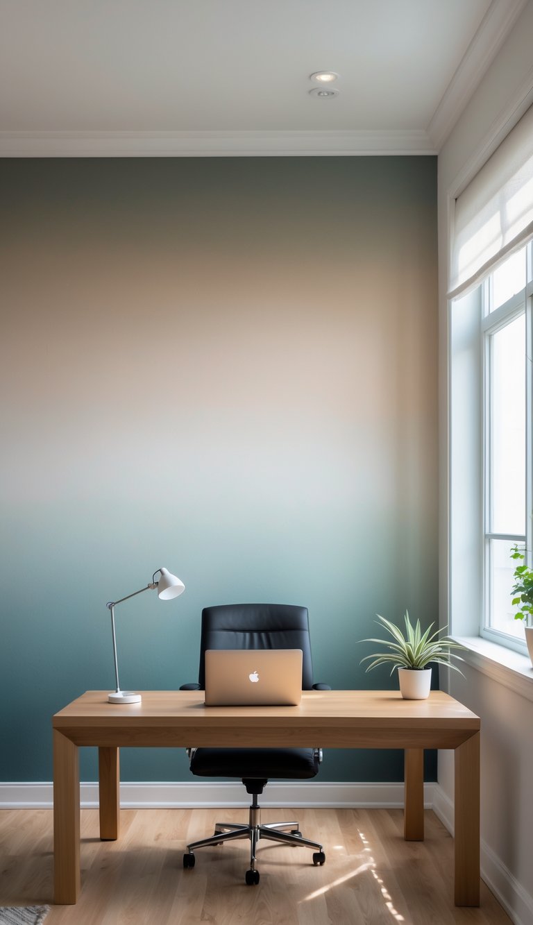 A home office with a desk, laptop, lamp, and potted plant in front of a wall with a smooth color gradient wallpaper.