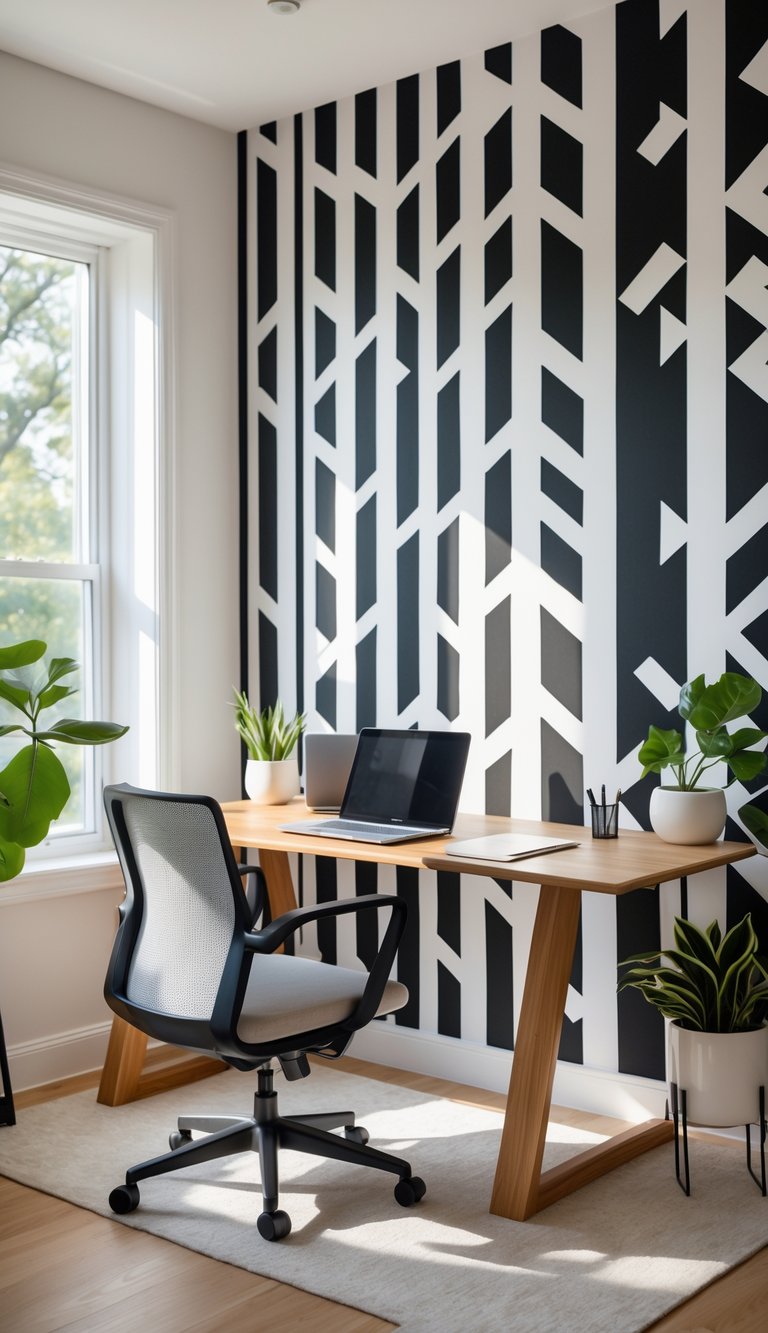 A modern home office with a wooden desk, laptop, chair, and black and white patterned wallpaper in the background.