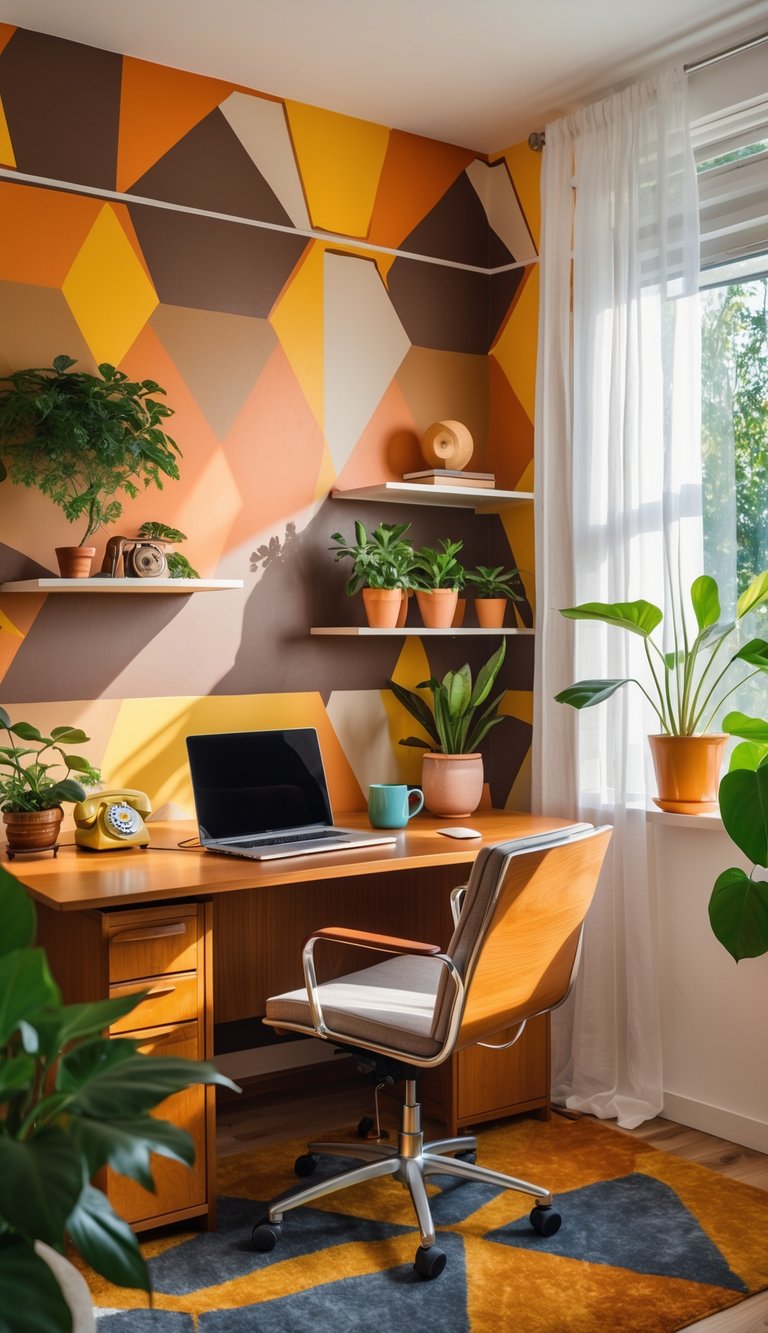 A home office with a wooden desk, laptop, chair, plants, and colorful patterned wallpaper on the wall.