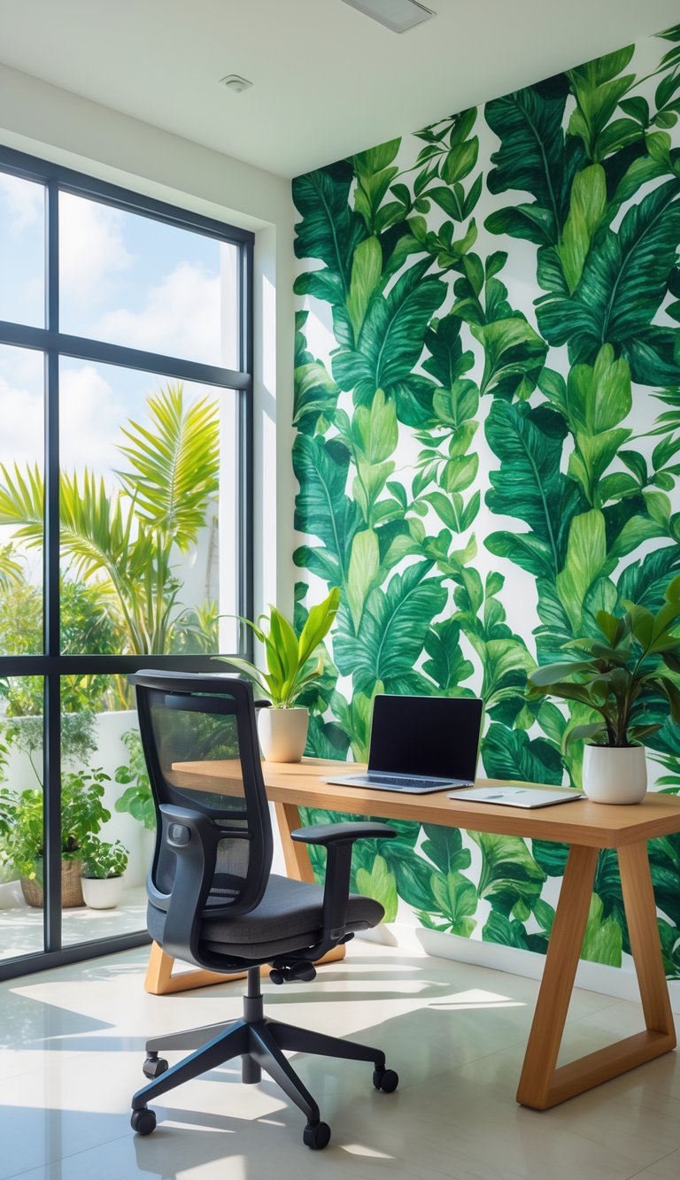 A bright home office with tropical leaf patterned wallpaper on one wall, a wooden desk, and a chair.