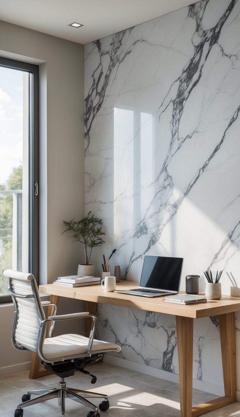 A modern home office with a wooden desk, ergonomic chair, laptop, and marble texture wallpaper in the background.