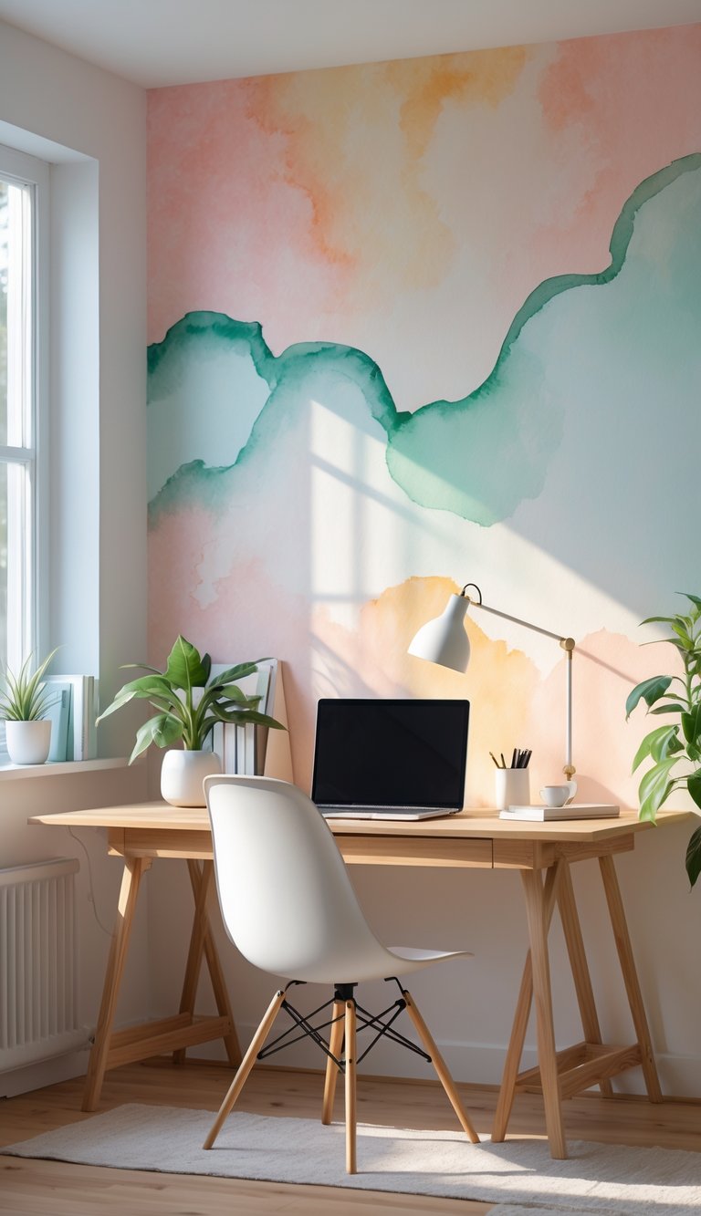 A clean and organized home office desk with a laptop, lamp, plant, and pastel watercolor art on the wall.