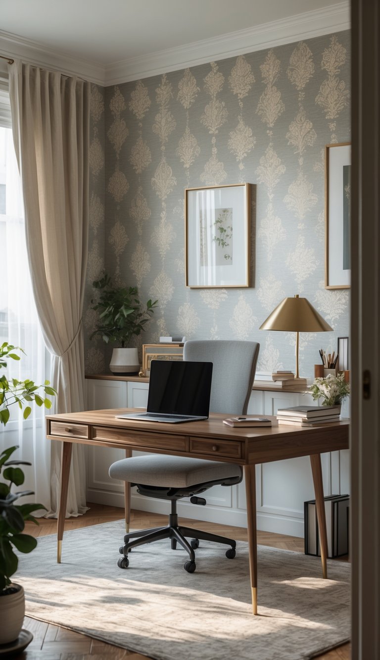 A tidy home office with a desk, laptop, chair, and window letting in natural light.