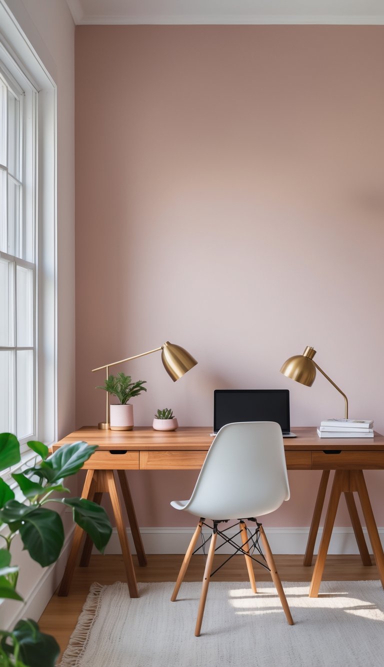 A home office with a wooden desk, laptop, white chair, potted plant, books, and a blush pink painted accent wall.