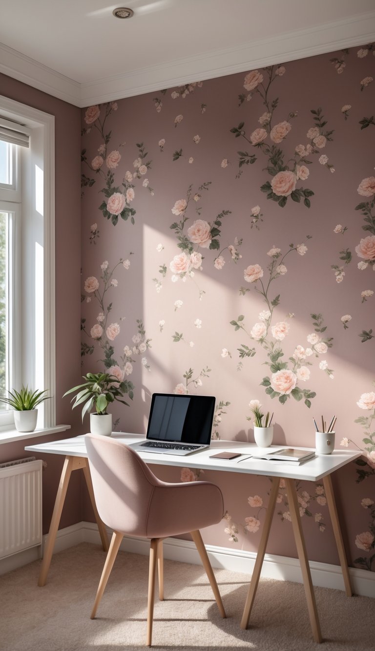 A home office with a dusty rose floral wallpaper accent wall, a desk with a laptop, plant, and office supplies illuminated by natural light.