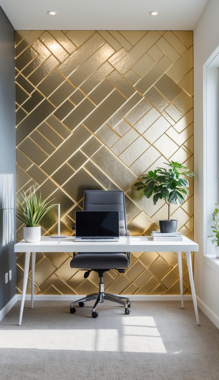 A home office with a white desk and a large wall decorated with a gold geometric pattern.