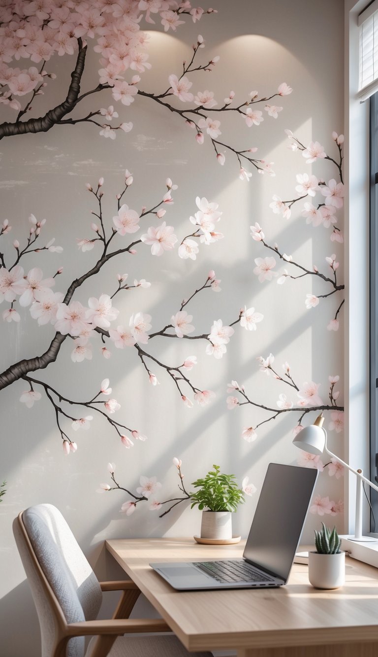 A home office with a wooden desk and a large cherry blossom mural on the wall behind it, illuminated by natural light.