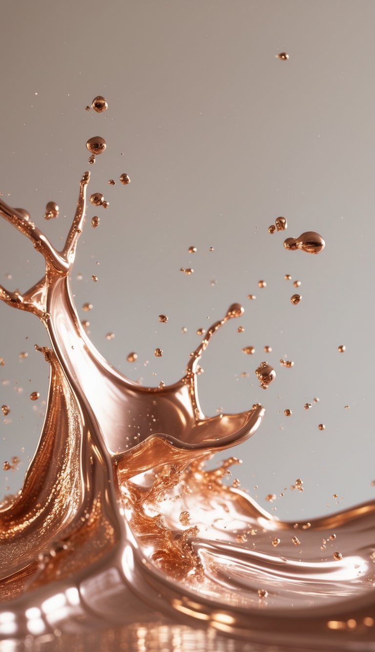 A splash of rose gold metallic paint captured mid-motion against a plain background.