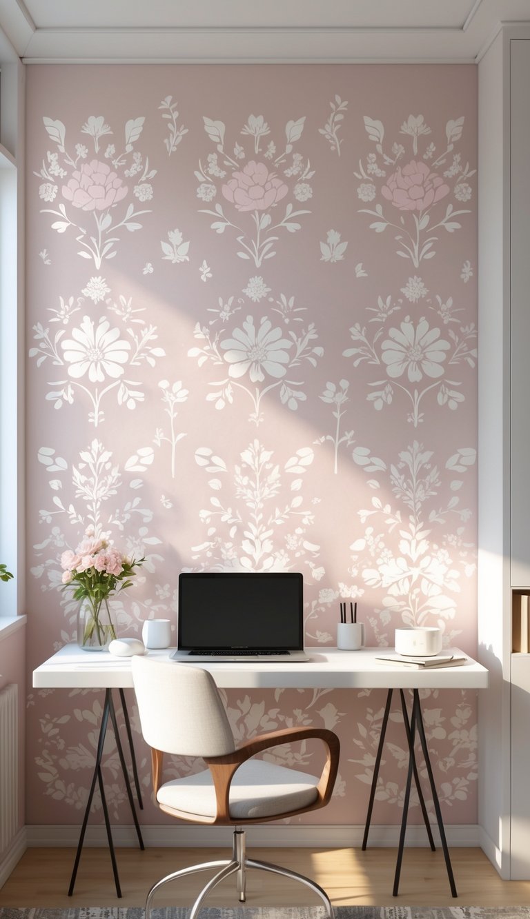 A home office with a pale pink and white floral patterned accent wall, a desk with a laptop, and decorative flowers.
