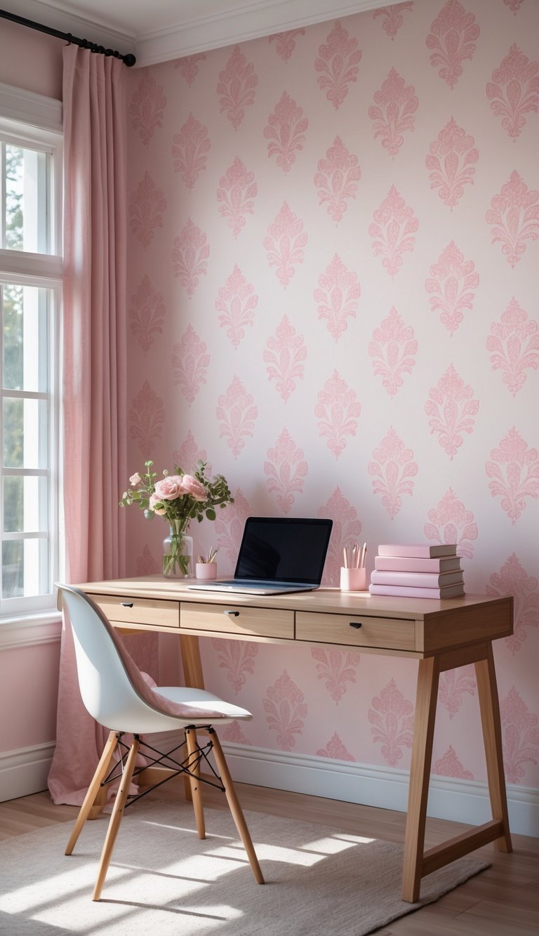 A home office with a wooden desk, laptop, white chair, fresh flowers, and a pink damask wallpaper accent wall.