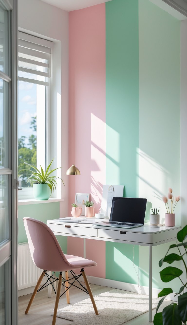 A bright home office with a mint green and pink color block accent wall, a desk with a laptop, a plant, and a pastel chair.
