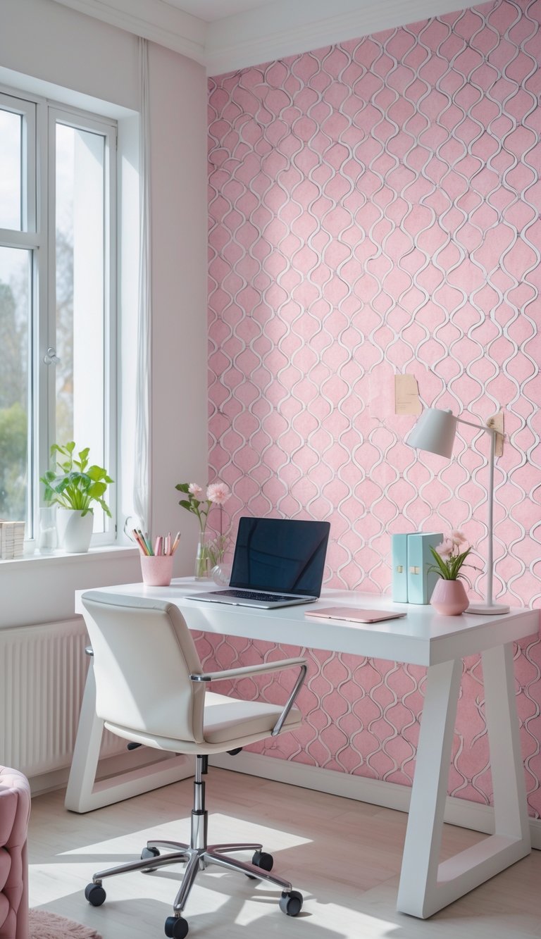 A bright home office with a white desk, laptop, chair, and a pink Moroccan tile patterned accent wall.