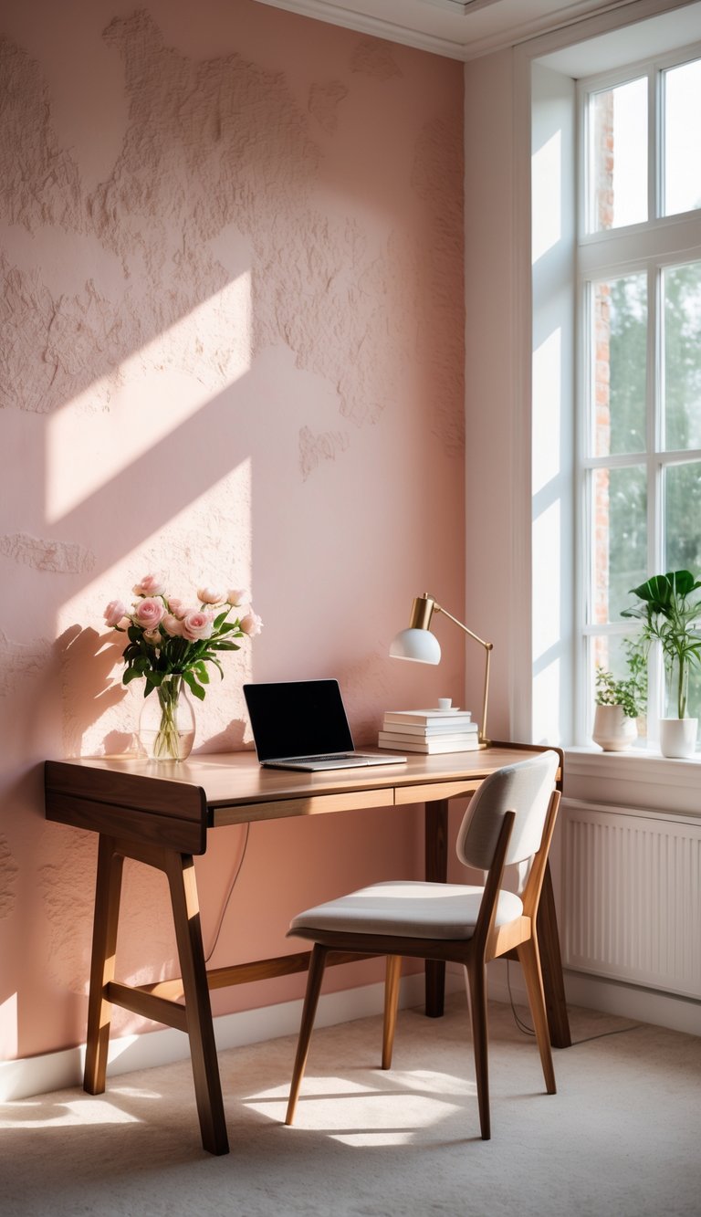 A home office with a wooden desk, laptop, table lamp, flowers, books, and a warm pink textured wall in the background.