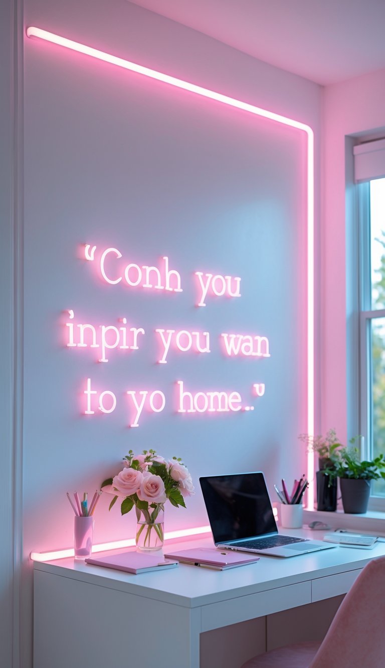 A bright home office with a white wall and pink neon lighting, a desk with flowers, stationery, and a laptop.