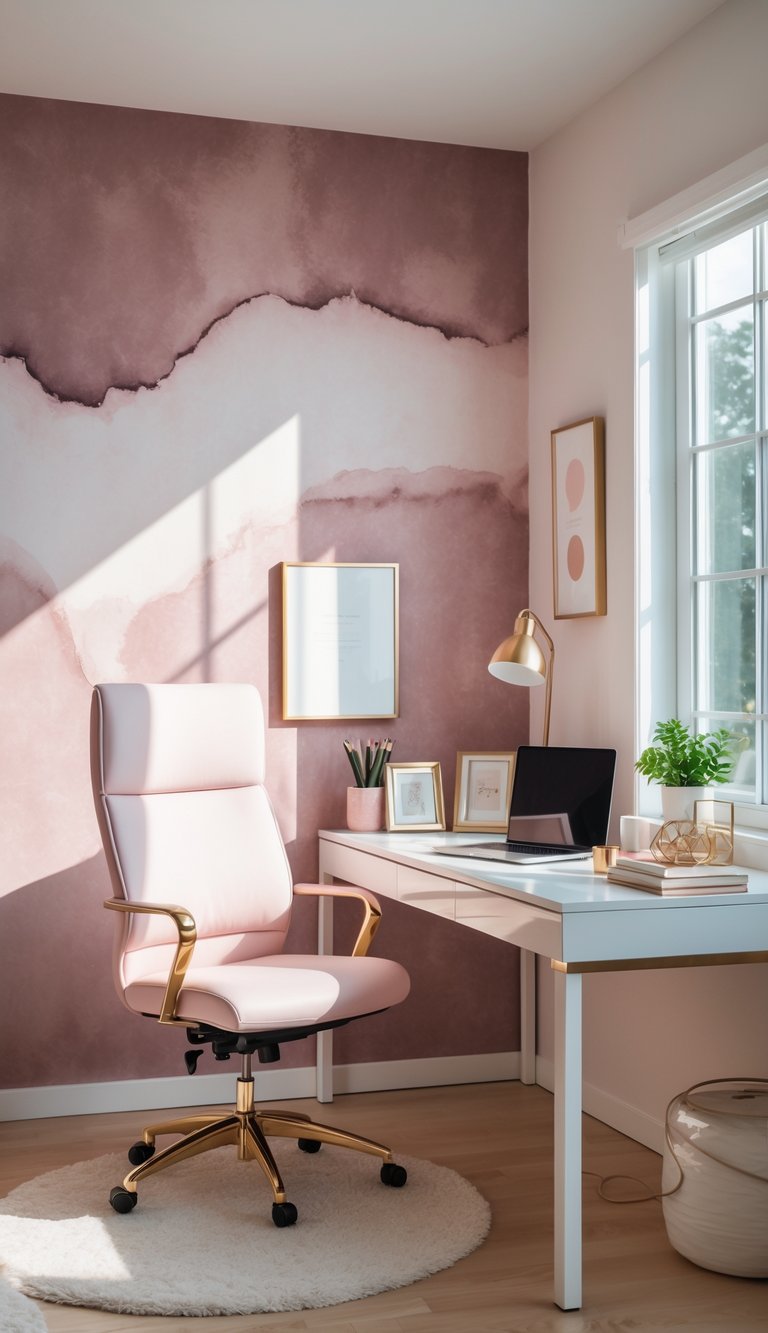 A modern home office with a white desk, ergonomic chair, and a dusty pink accent wall, decorated with plants and office supplies.