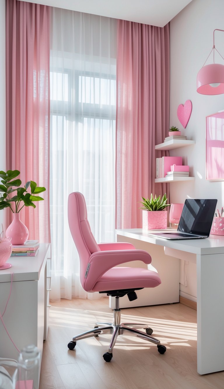 A bright home office with a white desk, pink chair, decorative items, and natural light from large windows.