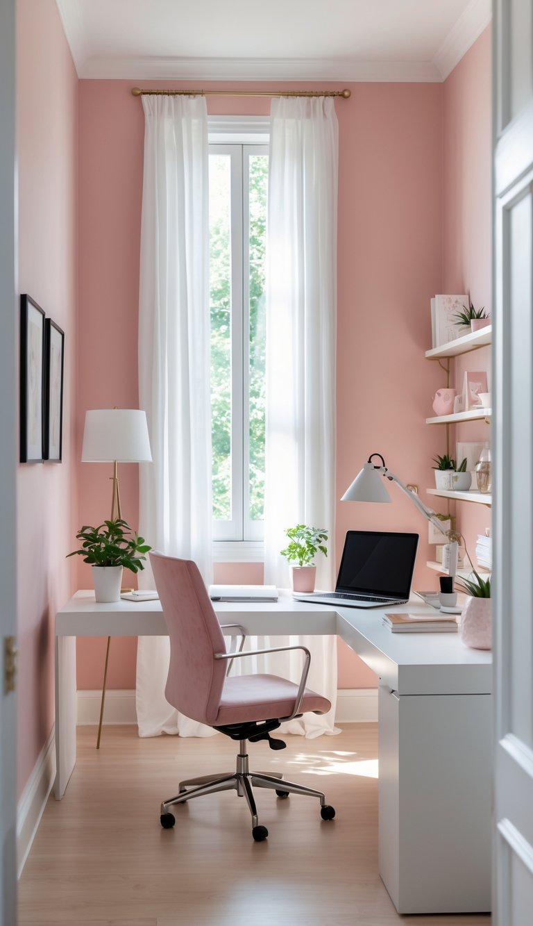 A home office with blush pink walls and white trim, featuring a white desk, ergonomic chair, laptop, and natural light from a window.