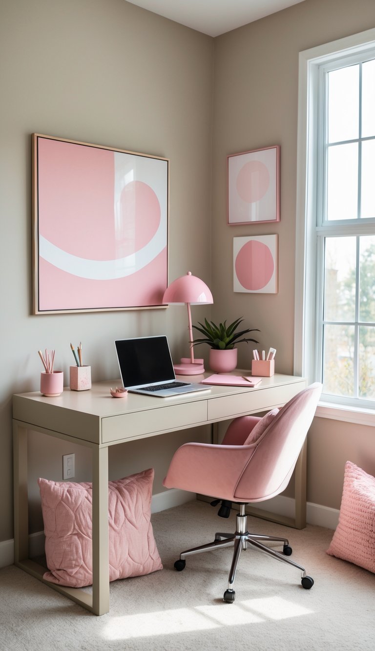 A home office with a beige desk, pink chair, laptop, plant, and decorative items in shades of pink and beige, illuminated by natural light.