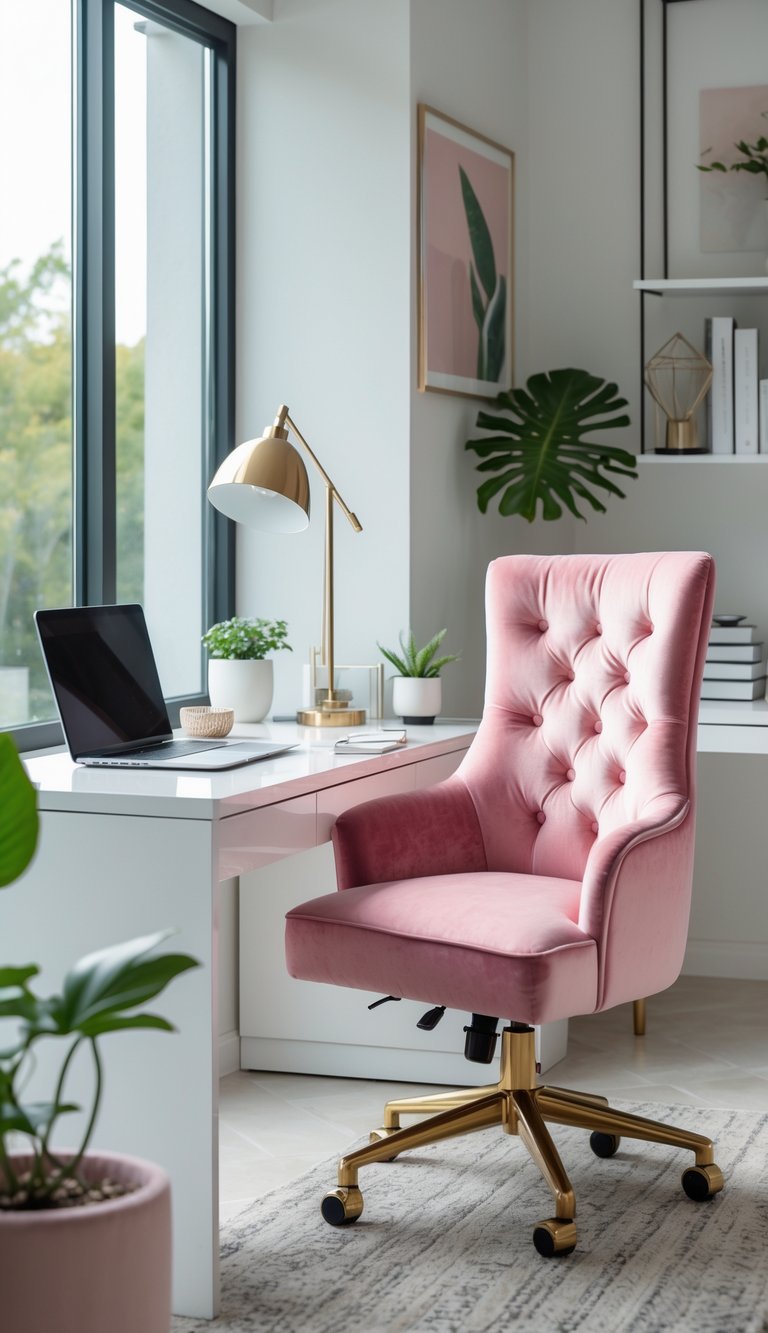 A bright home office with a pink velvet desk chair at a white desk, a laptop, a desk lamp, a small plant, and shelves with books and decor.