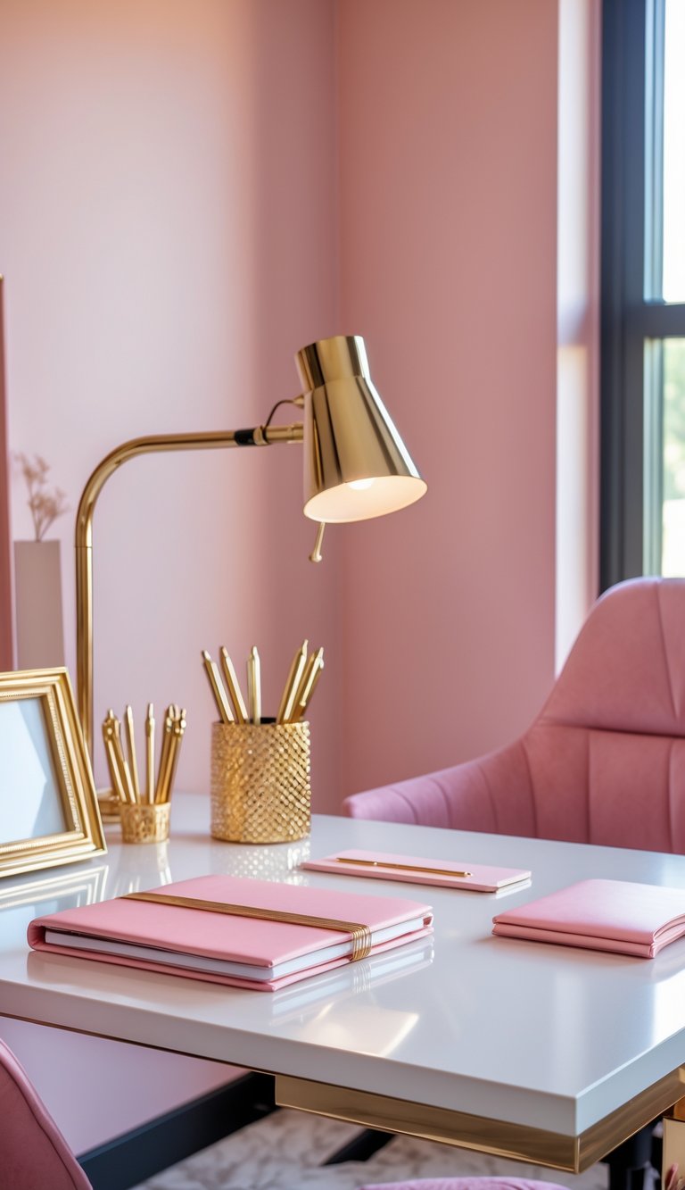 A home office desk with pink and gold accessories, including a notebook, pen holder, lamp, and chair.