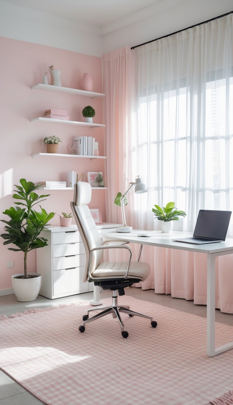 A home office with a pale pink gingham rug, white desk with laptop, ergonomic chair, potted plant, and natural light from a window.
