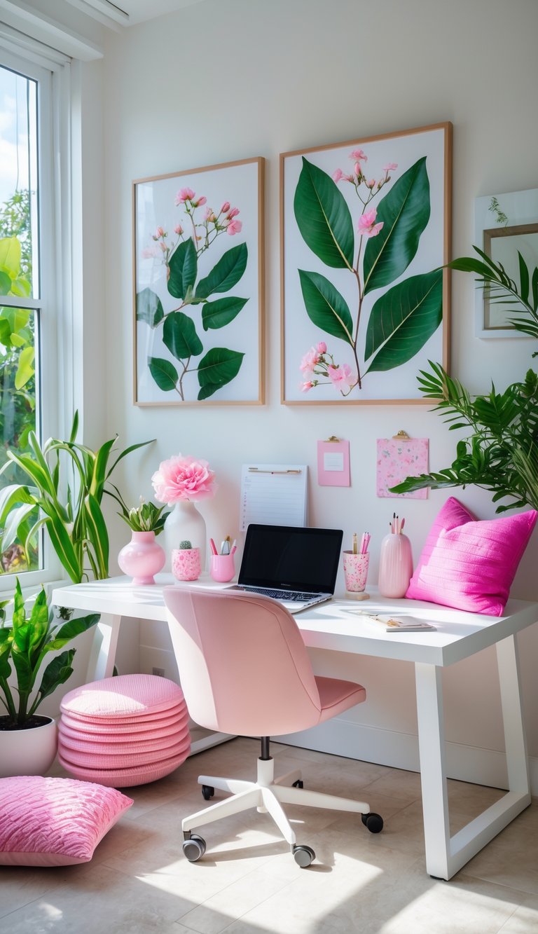 A bright home office with a white desk, laptop, pink decorations, framed botanical prints, and green plants near a window.
