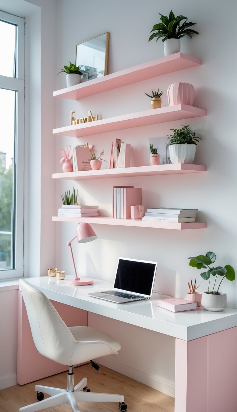 A home office with pink floating shelves above a white desk, decorated with plants, books, and office supplies.