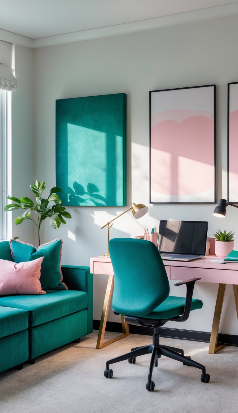 A home office with teal and emerald throw pillows combined with pink accents on a seating area next to a modern desk with a laptop and a chair.