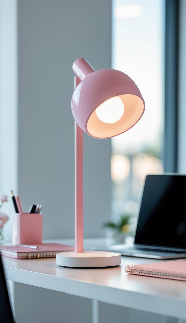 A pink desk lamp with a white base on a tidy desk with office supplies and a laptop.