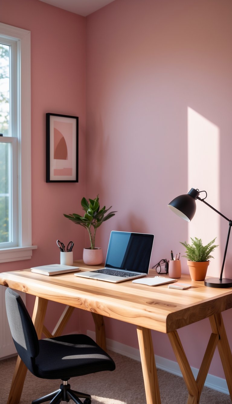 A home office with a natural wood desk and soft pink walls, featuring a laptop, desk lamp, plant, and stationery.
