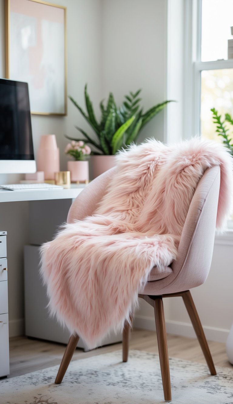 A home office chair with a light pink faux fur throw draped over it next to a clean desk with plants and office accessories.