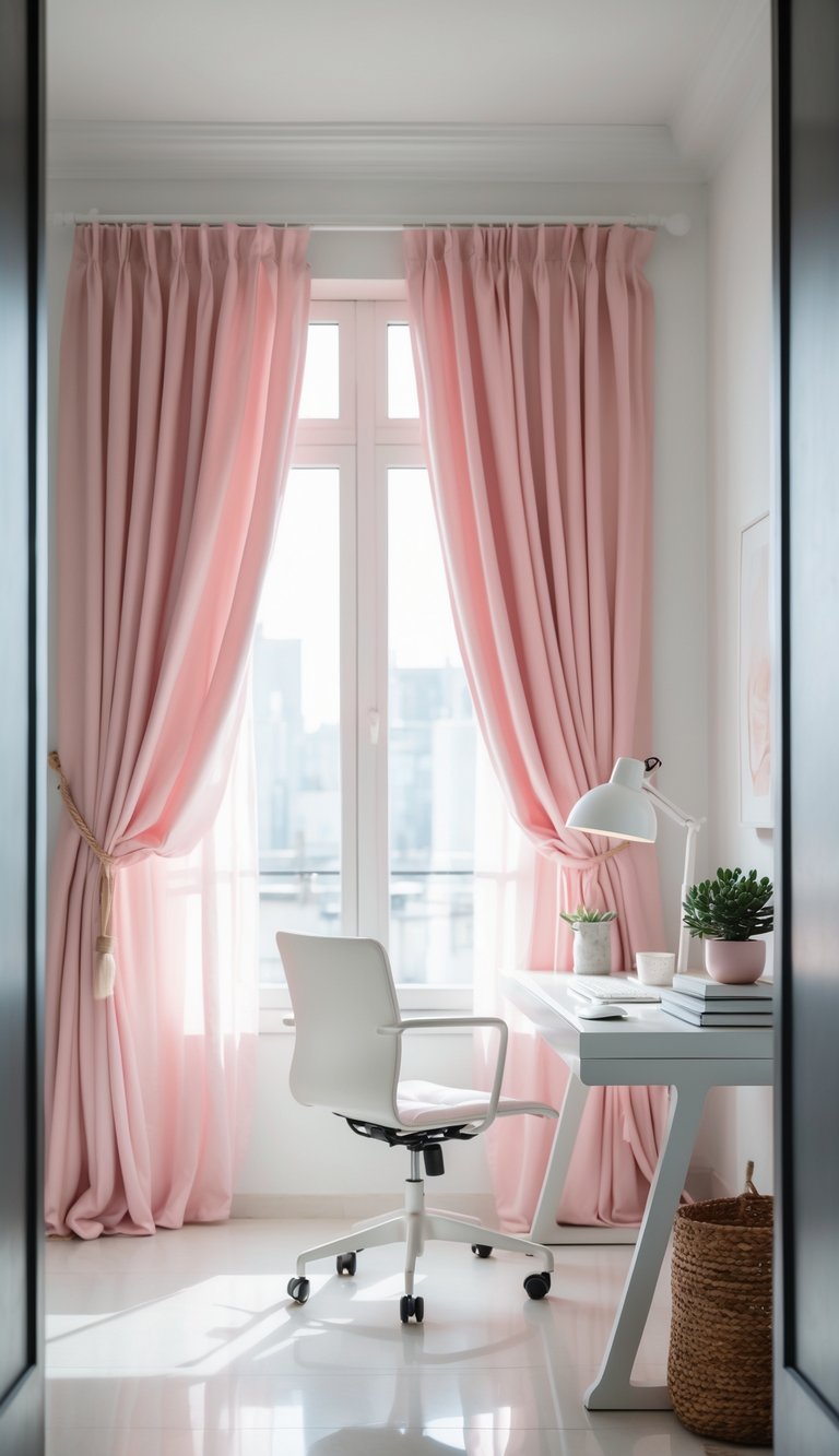 A bright home office with soft pink curtains filtering natural light, a white desk with a laptop, lamp, plant, and books.