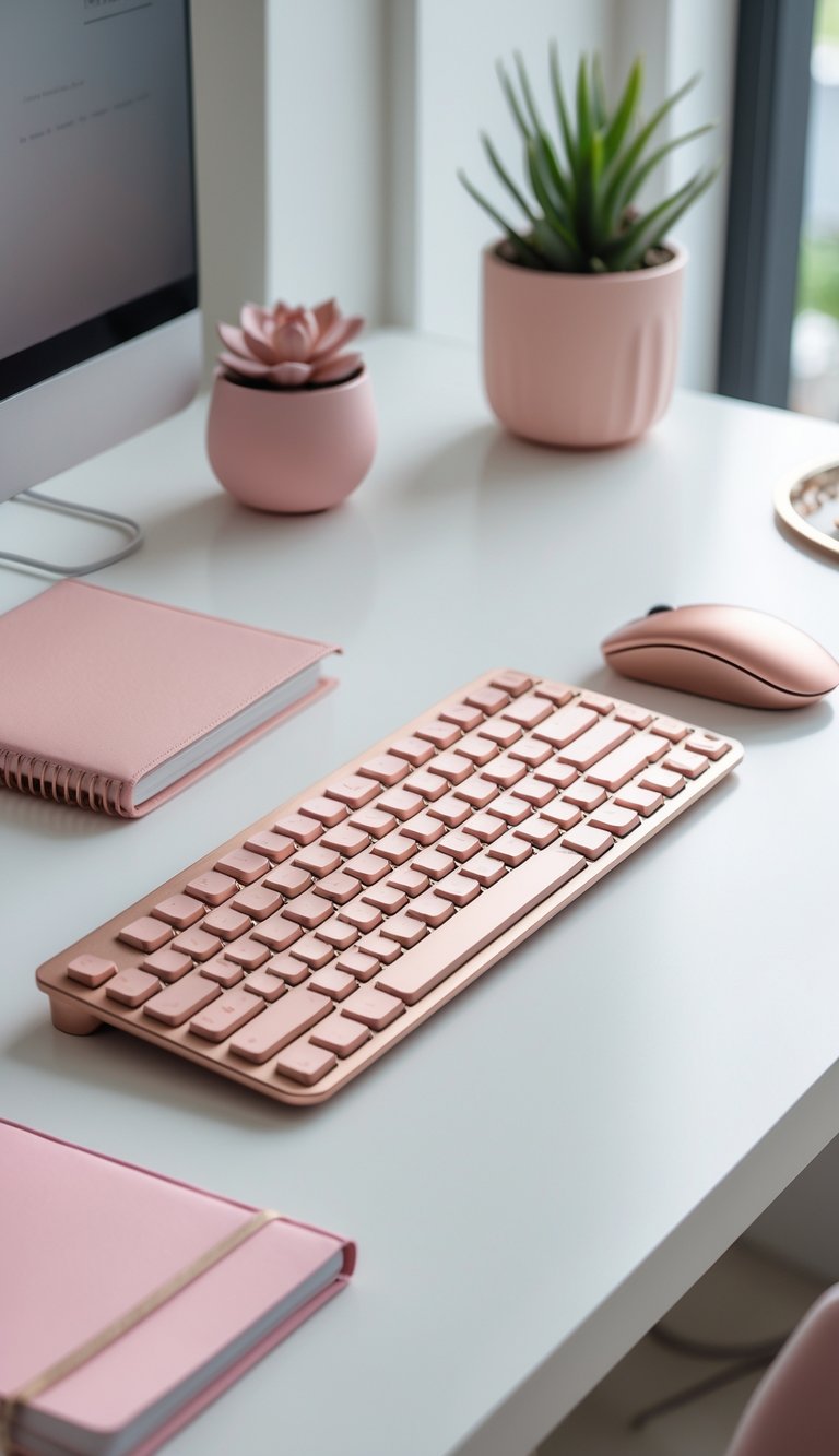 A rose gold keyboard and mouse set on a white desk with pink office accessories and natural light.
