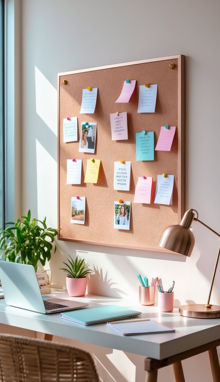 A blush pink corkboard with notes and photos in a home office with a laptop, desk lamp, plant, and stationery.