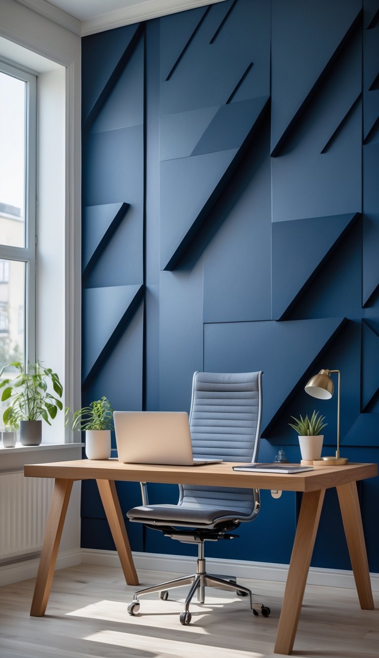 A modern home office with a wooden desk, laptop, chair, and navy blue geometric patterned wallpaper in the background.