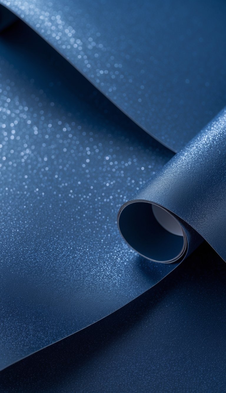 Close-up of textured navy blue wallpaper with a subtle shimmering surface.