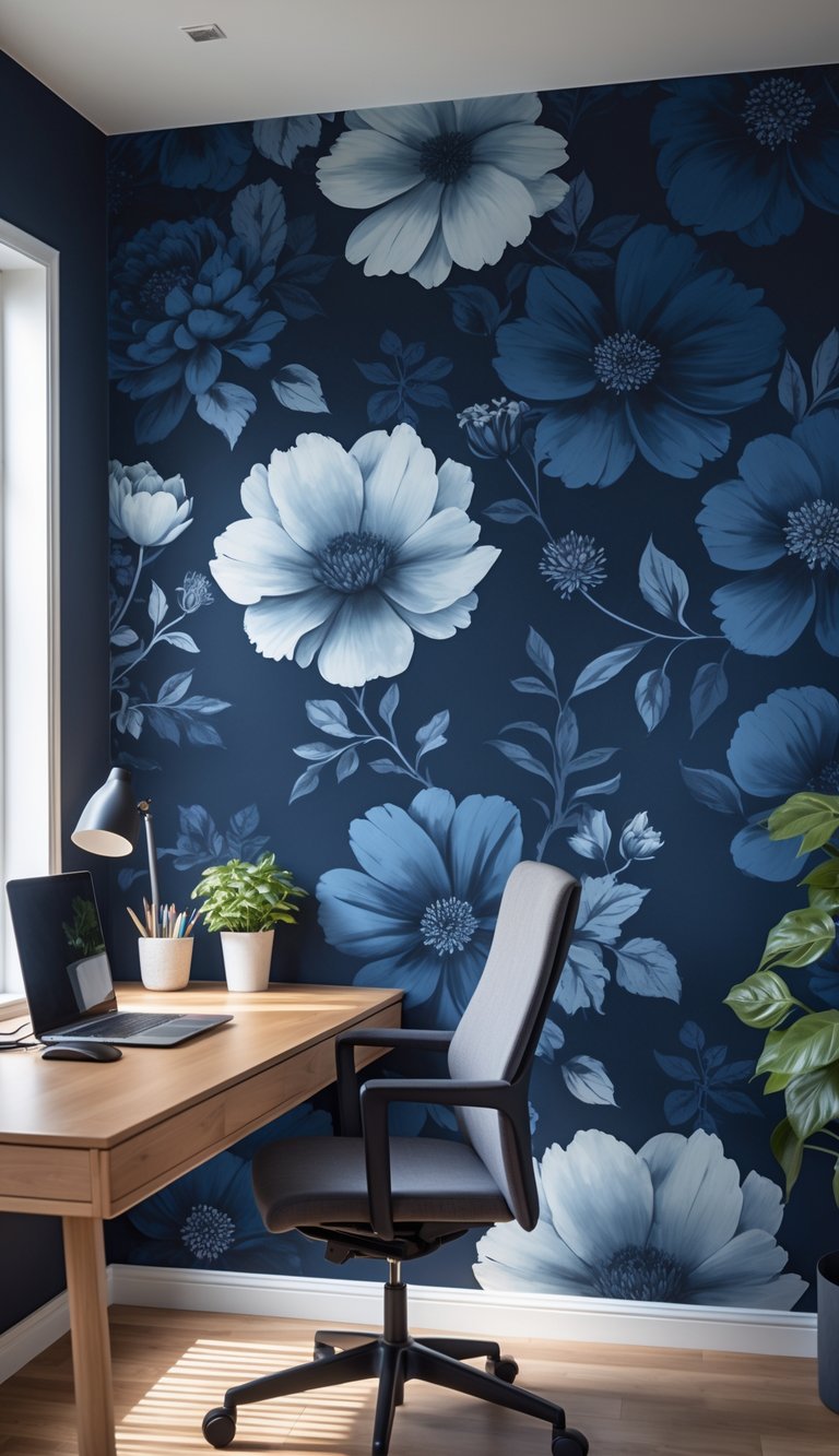 A home office with a deep navy blue floral mural on the wall, a wooden desk with a laptop, a chair, and a small plant near a window letting in natural light.