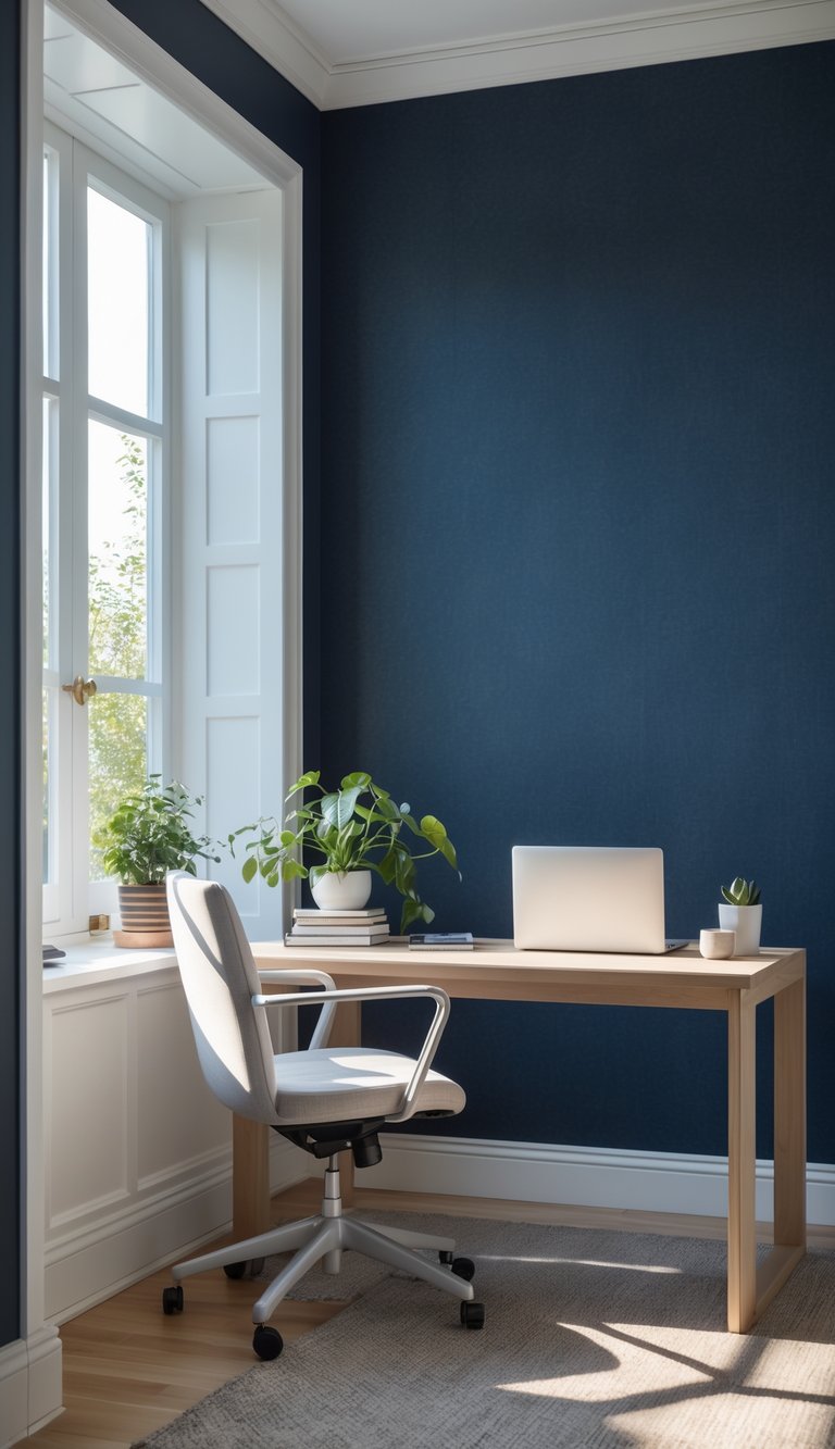 A home office with a navy blue wall and white trim, featuring a wooden desk, chair, and office accessories.