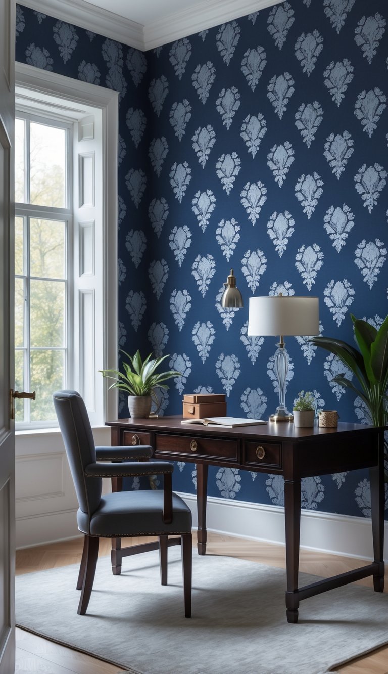 A home office with a desk, chair, and a wall covered in patterned navy blue wallpaper.