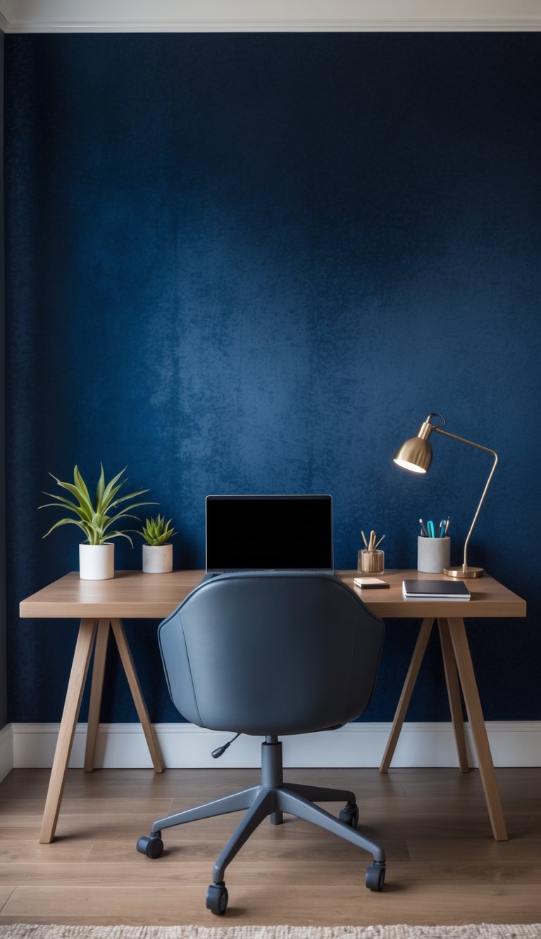 A modern home office with a wooden desk, ergonomic chair, and navy blue textured wallpaper in the background.
