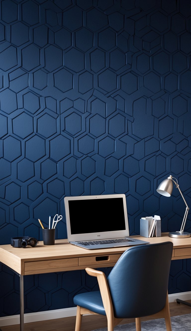 A home office with a wooden desk and a navy blue hexagon patterned wallpaper in the background.